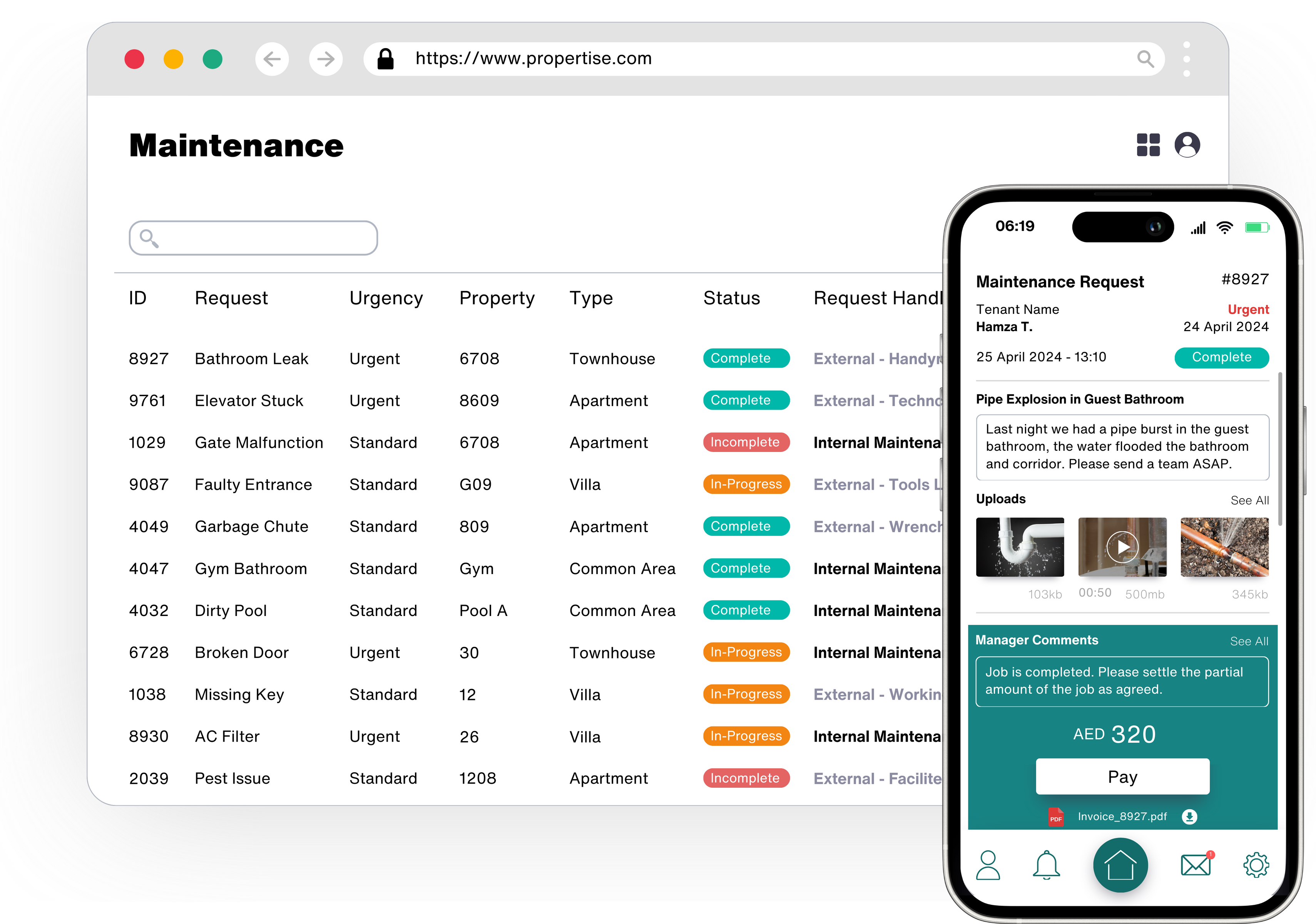 Property maintenance management interface showing requests, urgency, property, status and assigned handlers